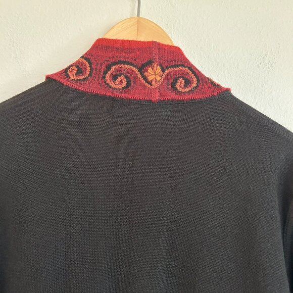 Peruvian Link Sweater M Black Red Alpaca Embroidered Open Cardigan Duster - Picture 9 of 12